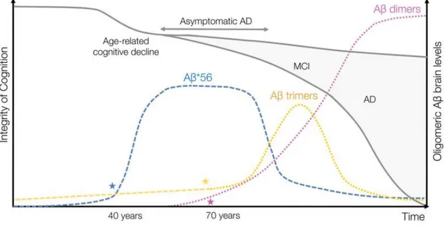 Figure 14 : Modèle représentant l’intégrité de la cognition au cours du vieillissement normal et pathologique (MCI  et MA; échelle de droite, ligne noir) et quantité des oligomères Aβ dans le cerveau des patients (échelle de droite,  ligne de couleur)