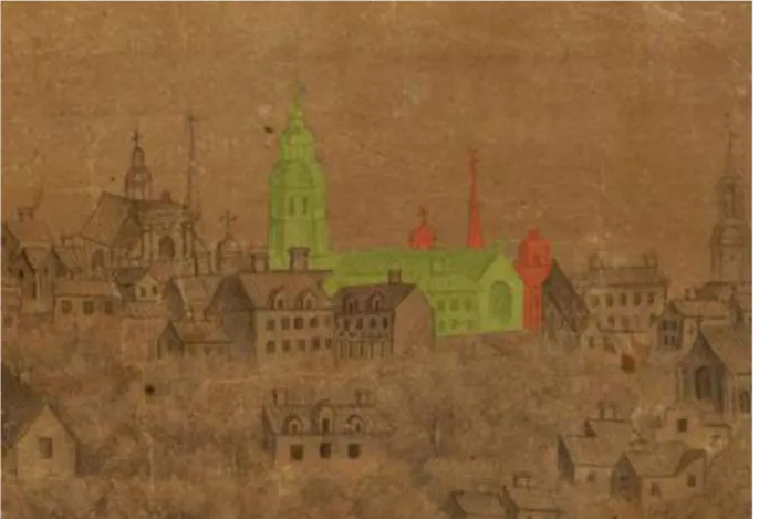 Figure 10 : Vue de l’ouest du couvent des Jacobins (en vert). On distingue en arrière-plan l’église paroissiale Saint-Aubin (en 