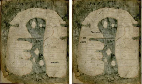Figure 10 a et b : Captures d’écran de la carte interactive audio de la Mappa Mundi avec 