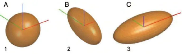 Figure 1.3.1. Three diffusion ellipsoids represent the diffusion profile of 3 different structures