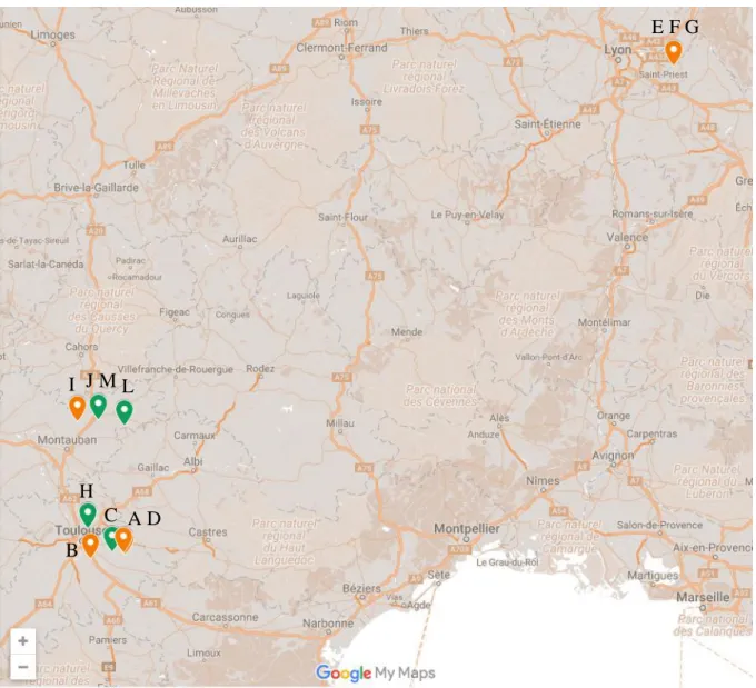 Figure 3.2 : Localisation des sites de prélèvement in situ, avec prélèvements sur matériaux composés  de terre seule (orange) ou avec inclusion biosourcée (vert)