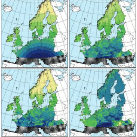 Figure	 4.	 Community	 assembly	 processes	 depend	 on	 the	 spatial	 and	 temporal	 scales	 considered:	 current	 geographical	 patterns	 of	 tree	 diversity	 in	 Europe	 might	 reflect	 on-going	 dispersal	from	ice	age	tree	refugia,	which	started	14,000	years	ago.	Top	right,	bottom	left	and	 bottom	right:	geographical	distribution	of	tree	diversity	(increasing	from	yellow	to	blue)	for	all	 60	European	tree	species,	the	45	temperate	species	and	the	15	boreal	species,	respectively.	Top	 left:	 accessibility	 through	 dispersal	 from	 ice	 age	 tree	 refugia	 (black	 dots).	 Adapted	 from	 Svenning	&amp;	Skov	(2007).	