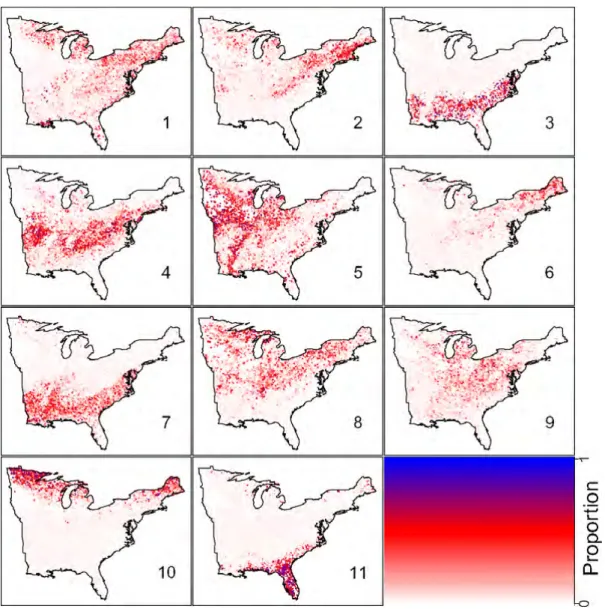 Figure 4 Spatial and temporal patterns for tree plots in Eastern United States. Panel (a) depicts the spatial distribution of the proportion of each component community