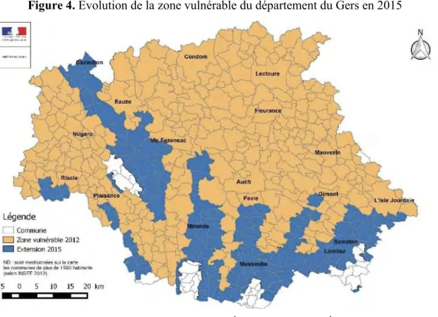 Figure 4. Évolution de la zone vulnérable du département du Gers en 2015 