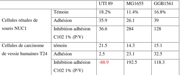 Tableau 5. Comparaison des % d’adhésion et d’inhibition de l’adhésion par C102   sur cellules NUC-1 et T24 