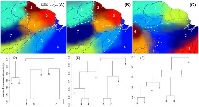 Figure 2.4 – Maps generated by interpolating the eight-assemblage Latent Dirichlet Allocation (LDA) decomposition of the species occurrence data: (A) TAXO1; (B) TAXO2; (C) IUCN data