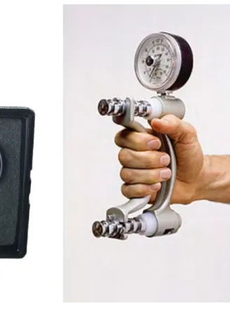 Figure 7. Dynamomètre Jamar pour mesure de la force pollici-digitale (pinch grip) à gauche  et force de serrage (crush grip) à droite 
