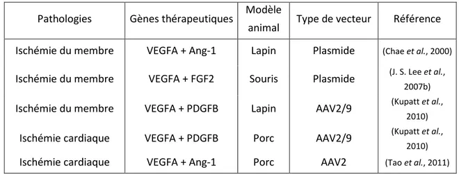 Tableau  3 :  Etudes  précliniques  de  thérapie  génique  combinée  des  maladies  cardiovasculaires  avec   la co-administration de vecteurs monocistroniques 