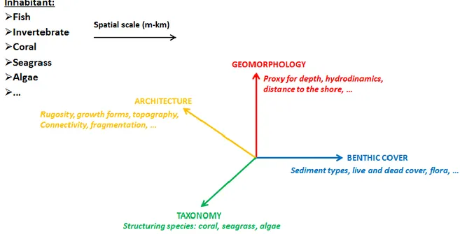 Figure 1 : Definition of a habitat in a remote sensing context. A habitat is fully resolved when four  variables are explicitly described: geomorphology, architecture, benthic cover and taxonomy (from 