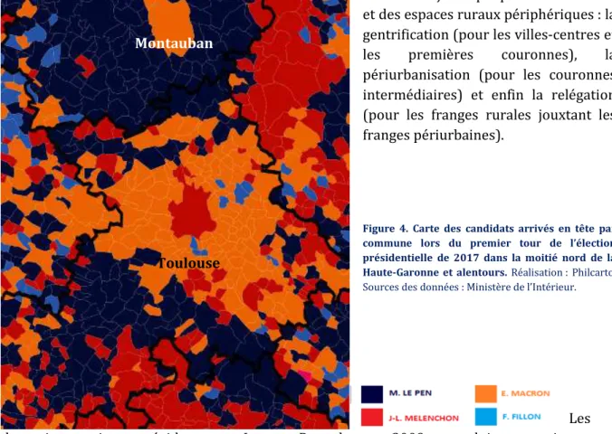 Figure  4.  Carte  des  candidats  arrivés  en  tête  par  commune  lors  du  premier  tour  de  l’élection  présidentielle  de  2017  dans  la  moitié  nord  de  la  Haute-Garonne  et  alentours