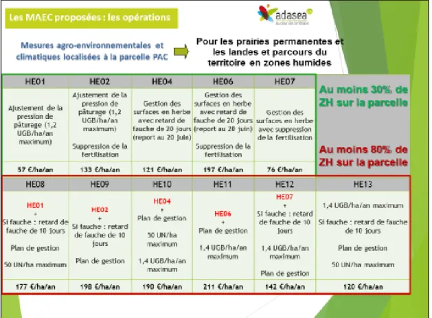 Figure n°11: Tableau des différentes MAEC du territoire Tourmente-Sourdoire  Source : Adasea.d'Oc 