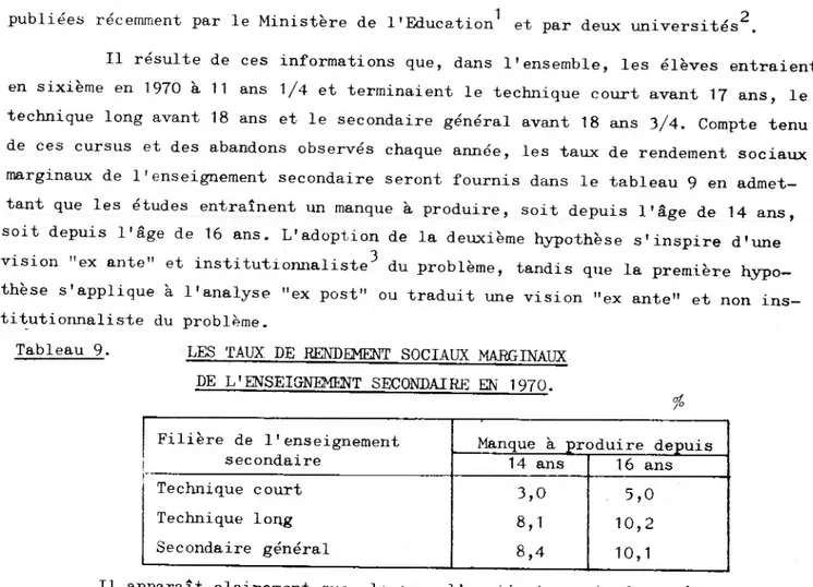 Tableau 9.  LES TAUX DE RENDEMENT SOCIAUX MARGINAUX DE L'ENSEIGNEMENT SECONDAIRE EN 1970.