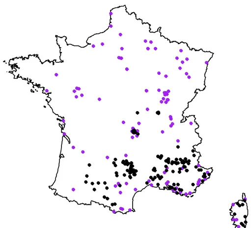 Figure 2. Past (purple dots) and contemporary (black dots) observations of the presence of H