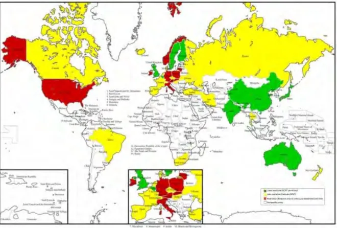 Figure I-5 : Mappemonde représentant la permissivité des pays quant à la législation vis-à-vis des ESCs