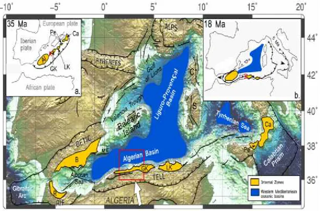 Figure I-01: Presentdaytectonicmap of the Western Mediterranean area. Bathymetry and topography are from ETOPO1 1-minute Global relief(www.ngdc.noaa.gov)