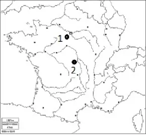 Figure  4 :  Localisation  des  deux  forêts  principalement  étudiées ;  1  –  massif  de  Rambouillet  (78)  et  2  –  massif  de  Tronçais (03)