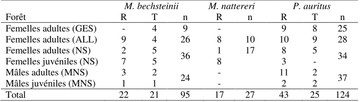 Tableau 1 : Nombre d’individus suivis par radiolocalisation pour chaque espèce entre les femelles adultes (GES :  gestantes ; ALL : allaitantes ; NS : non reproductrices) et juvéniles (NS : non reproductrices), et les mâles adultes  (MNS :  mâles  non  rep