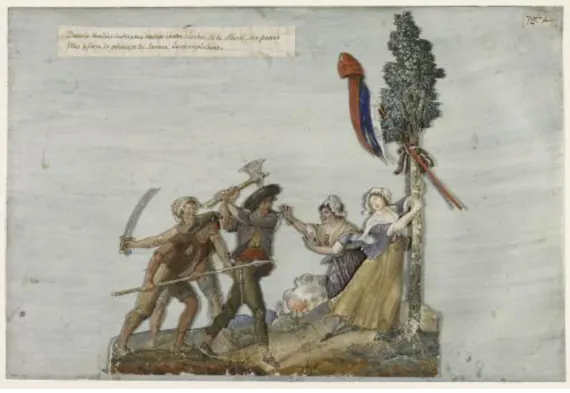Figure 3: Gouache de Jean-Baptiste Lesueur intitulée Royalistes s'apprêtant à abattre un arbre de la liberté, en  Vendée, réalisée vers 1793-1794 (Musée Carnavalet, Paris, D.9101, tous droits réservés) 323