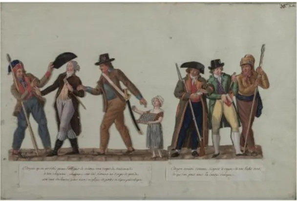 Figure 4: Gouache de Jean-Baptiste Lesueur intitulée Obligation du port de la cocarde tricolore ou Deux sans- sans-culottes arrêtent un suspect en habit vert, réalisée entre 1792 et 1794 (Musée Carnavalet, Paris, D.9083, tous 