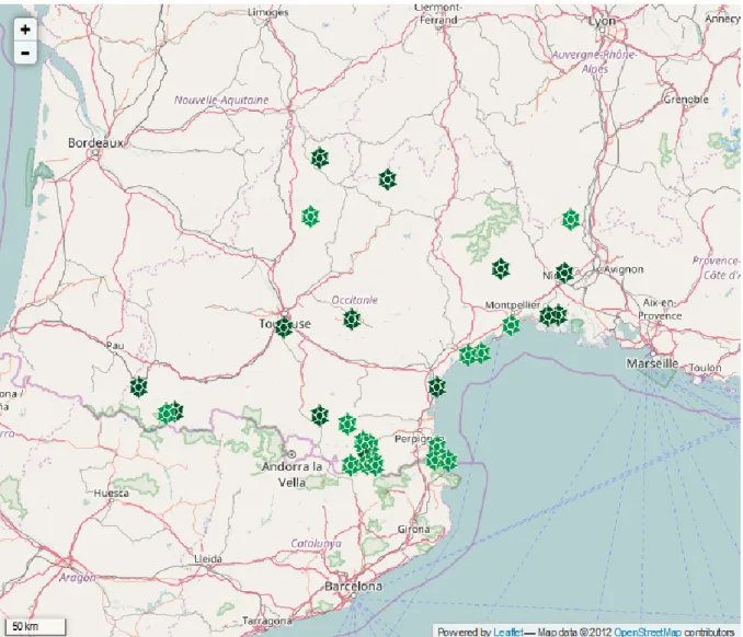 Fig. 5 : Carte des Réserves Naturelles Régionales et Nationales d’Occitanie (en vert clair, les RNN et  en vert foncé, les RNR) 