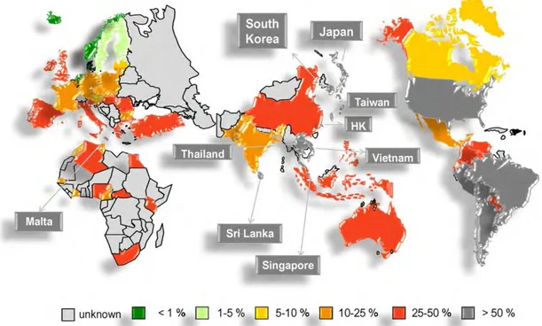 Figure 13 : Prévalence mondiale des SARM acquises en établissement de soins. HK : Hong Kong