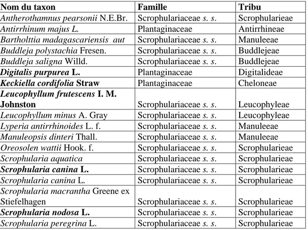Tableau 4 : Liste des taxons testés pour le choix du groupe externe   