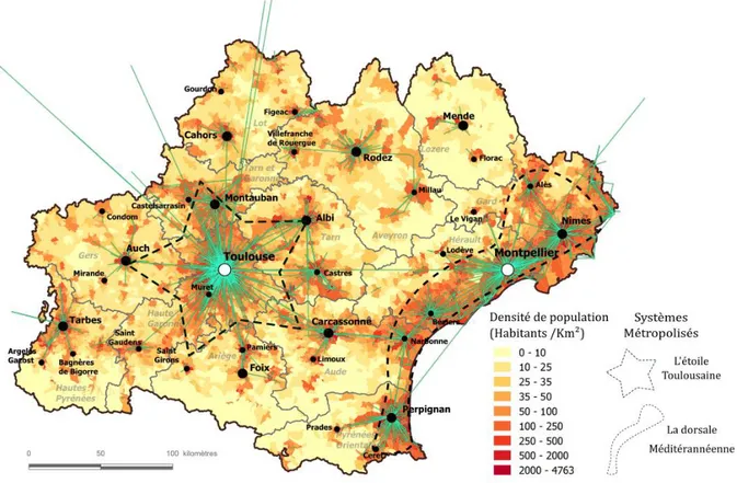 Figure 17 : Densités, flux domicile-travail et armatures urbaines en Occitanie 