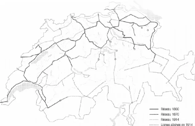 Figure 1. L’extension du réseau ferroviaire suisse (1860-1914) 