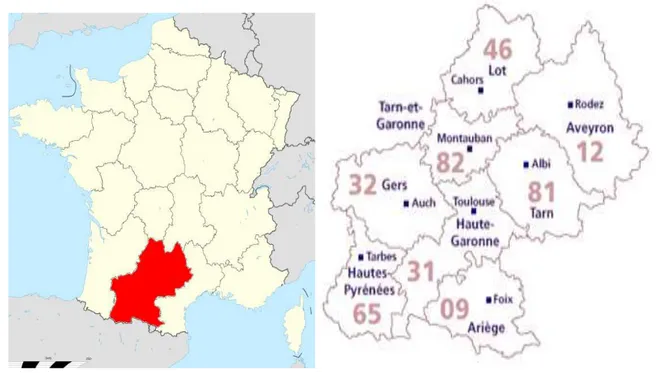 Figure 2 : carte de la region Midi-Pyrénées avec le numero des departements 