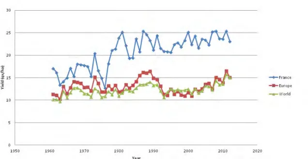 Figure I.10: Evolution of sunflower yield since 1961 to 2012 (from FAOstat, 2014). 