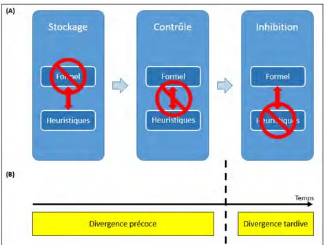 Figure 2 :  Pourquoi et quand les individus divergent-ils ? (A) Les biais et la différence entre les individus biaisés et non biaisés  qui  en  résulte  peuvent  venir  d’une  erreur  dans  chacun  des  trois  modules  du  processus  de  raisonnement  (sto