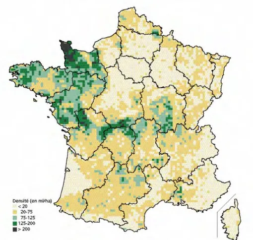 Figure 1 : Différenciation régionale de la densité des haies en France (source : IFN, 2007) 
