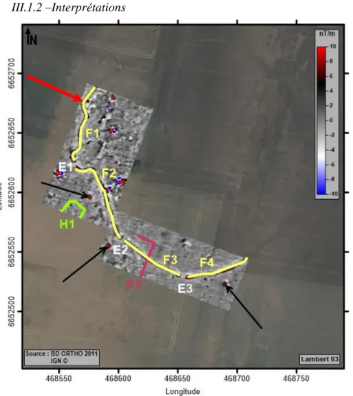 Figure 5 : La Grosse Borne – Interprétation de la prospection magnétique Ferex, mesures du gradient magnétique en nT/m  pour un écartement des capteurs de 0,50 m