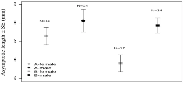 Figure 2. Asymptotic tarsus length in relation to chick rank and sex. Males had longer tarsi than 