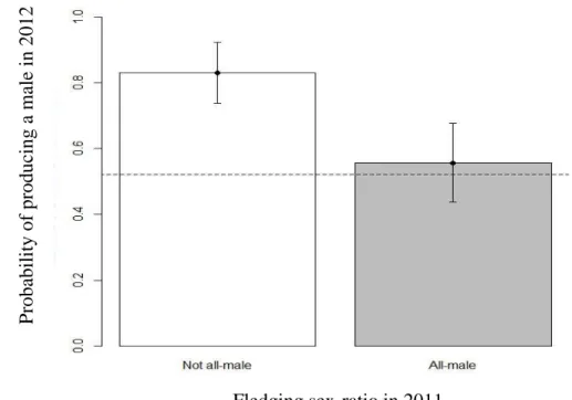 Figure 4. Probability of producing a male in 2012 (± SE) in relation to fledging sex ratio in 2011