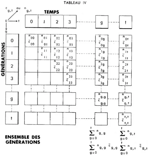 TABLEAU IV 9 ' TEMPS 0 i 2 3 n _°° c 00 n _ 0!c 01 n _02c 02 n 03' 03 n 1 1 c 1 1 n _  1 2 c 12 n 13c13 n _22 c 22 n _23c 23 n _ 3 3  c 33 i----------- r i  i i  i  i  i ENSEMBLE DES  GÉNÉRATIONS tgn0gn OtcOgcOtnJ gnItc•gcItn2gn2tc2gc21n3gn3tc3gC3tiil' 1 i