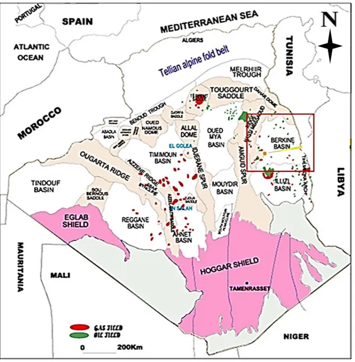 Figure  n°1: Situation géographique du bassin de Berkine (Sonatrach, 2003).