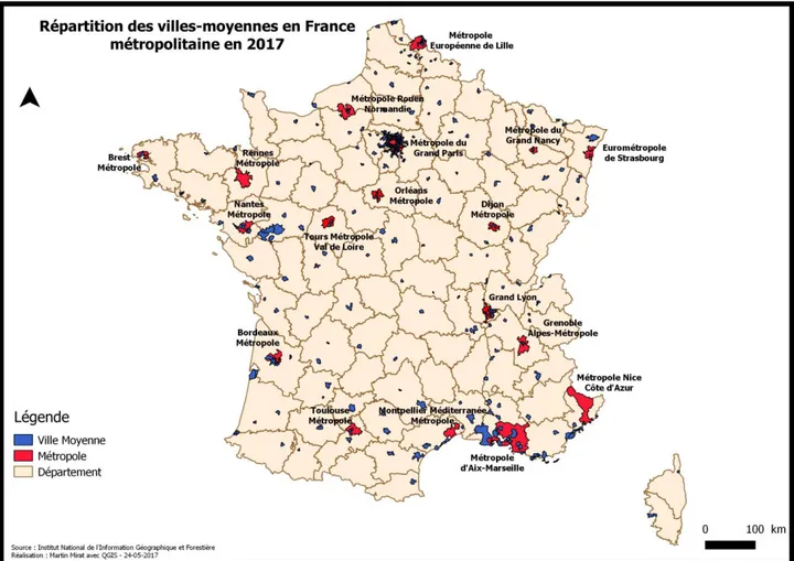 Figure 2 : Les villes moyennes comprises en 20 000 et 200 000 habitants en France métropolitaine  Source : Institut National de l’Information Géographique et Forestière 