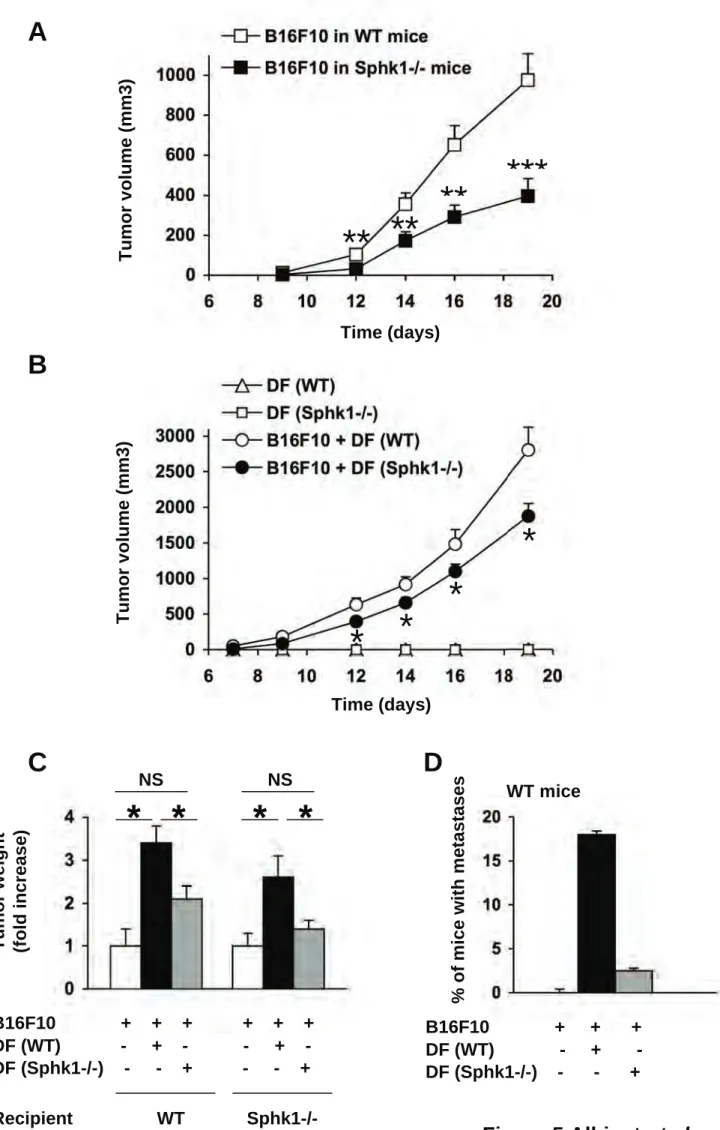Figure 5 Albinet et al.ATumor volume (mm3)Time (days)*****Tumor volume (mm3)Time (days)*********Time (days)Tumor volume (mm3)B****DDF (WT)                  +       -DF (Sphk1-/-)    -      -      +B16F10             +     +    +WT mice% of m