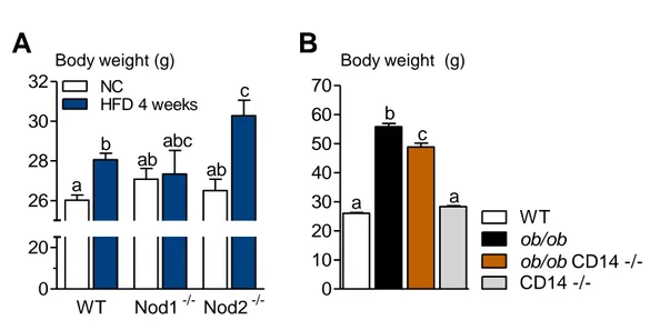 Figure  S3.  The  pathogen  recognition  receptors  Nod1  and  CD14,  but  not  Nod2,  control  body weight gain