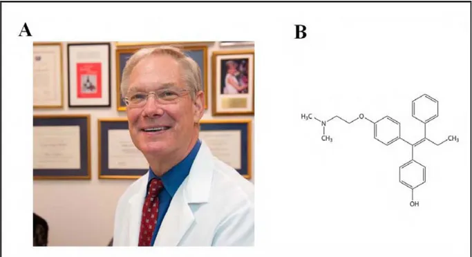 Figure 9 : V. Craig Jordan et le 4-hydroxytamoxifène. En 1977, V. Craig Jordan montre que le tamoxifène est 