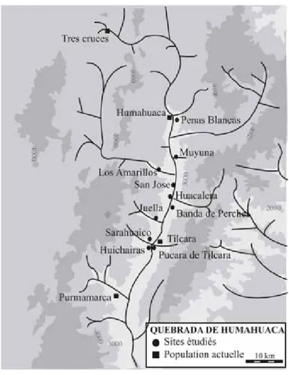 Figure 9 :  Localisation des différents sites archéologiques de la Quebrada de Humahuaca étudiés