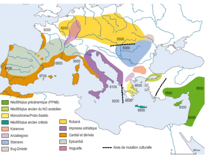 Figure 3 : Modèle arythmique de diffusion du néolithique en Europe occidentale 