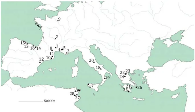 Figure 10 : Localisation des 29 sites archéologiques pour lesquels des prélèvements ont été  analysés