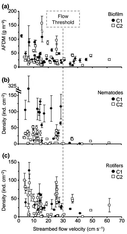 Figure  I.5.  Mean (±1 SE, N = 4) ash-free dry mass (AFDM) of the epilithic biofilm (a), and 