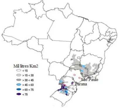 Figure 7: Localisation des exploitations agricoles interviewées et densité de la production  laitière par microrégions au Brésil 