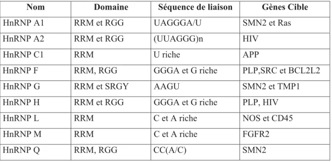 Table 10 : Exemples de hnRNPs avec les caractéristiques et séquences de liaison à leurs gènes  cibles (Pour revue Chen et Manley ; 2009) 