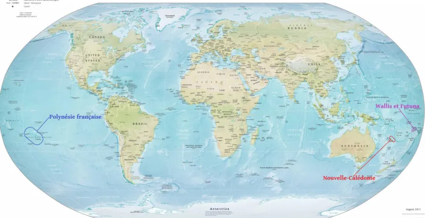 Figure 3: Localisation de la Polynésie française, Wallis et Futuna et la Nouvelle-Calédonie sur une  carte du monde 