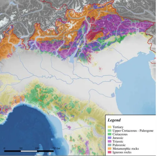 Figure 1.6: Schematic geological overview of Northern Italy. Quaternary covers were not plotted.
