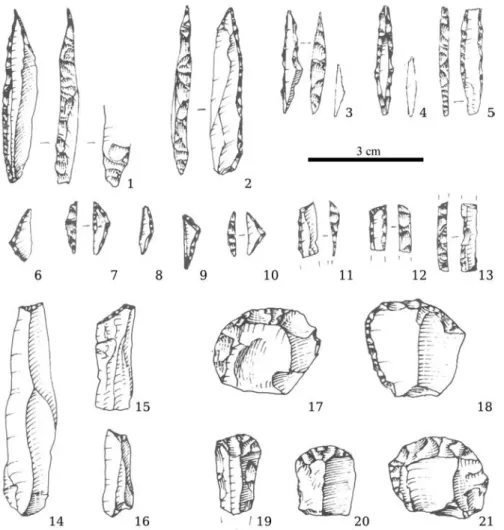 Figure 2.9: Andalo, Late Epigravettian artefacts. 1-4) backed points, 5) double backed bladelet, 6-10) triangles, 11-12) backed-and-truncated bladelets, 13) backed bladelet, 14-16) truncations, 17-21) endscrapers (drawings by G